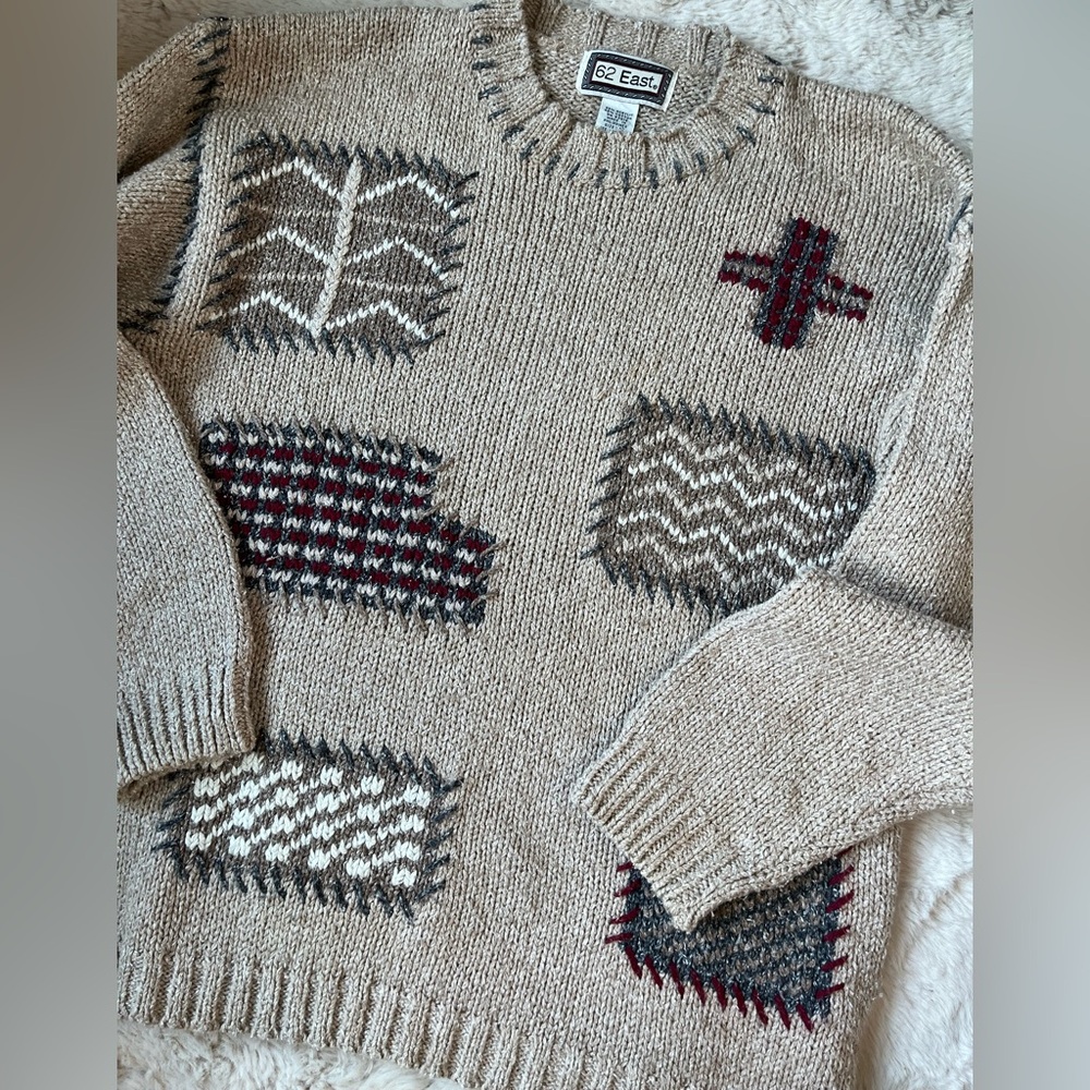 Vintage 62 East Beige Stitch Patterned Knit Crewneck Sweater Size Men’s Small